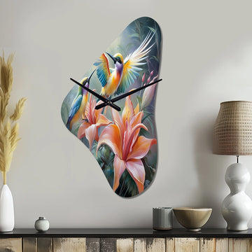 Tropical Flowers with Beautiful Bird - Asymmetric Metal Wall Clock